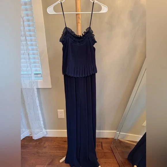 Sézane Anemone Jumpsuit Navy Pleated Strapless Wide Leg | Size 4 - Picture 3 of 5
